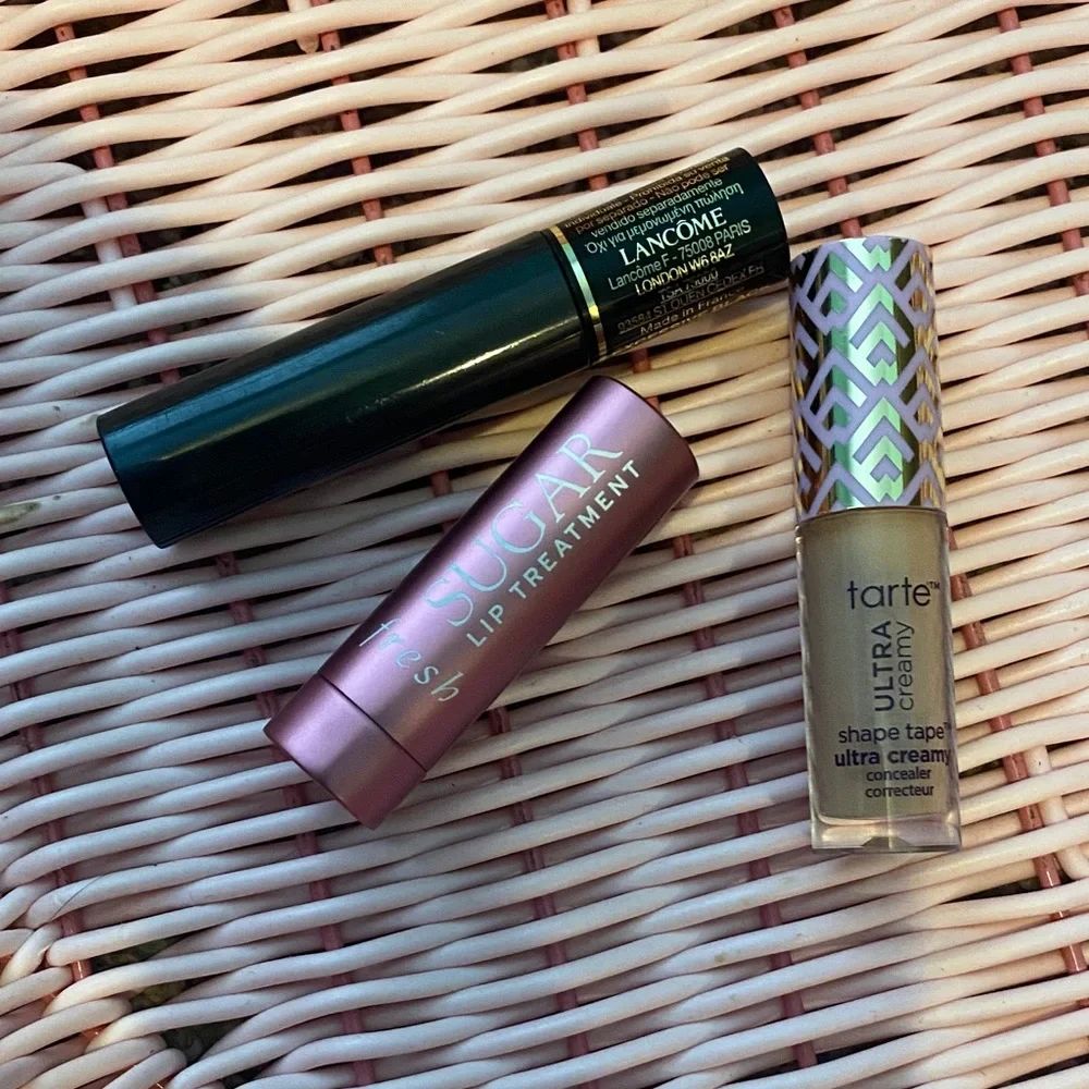 Lancome Hypnose Drama Mascara, Fresh Sugar lip treatment, and Tarte concealer